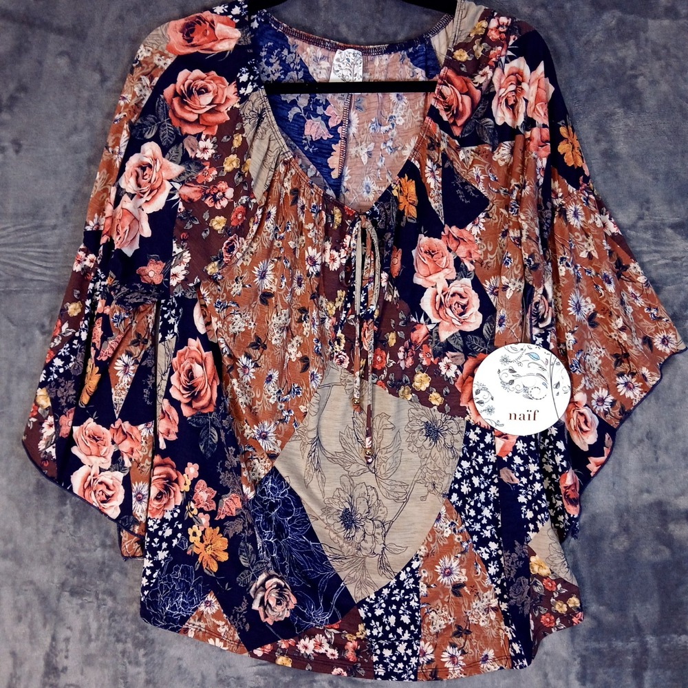 Naif Floral Patchwork Blouse Womens Medium Multicolor Boho Bell Sleeve‎ Top NWOT